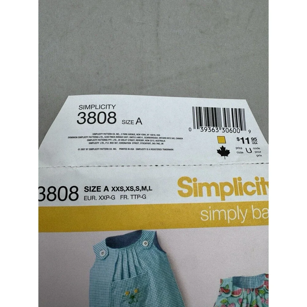 Simplicity 3808 Sewing Pattern Simply Baby Top Romper Bib Diaper Bag Shorts